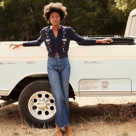 DOEN Forget Me Not Navy Blue Cardigan, Size Large - Picture 4 of 8